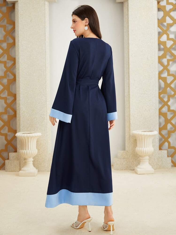 Ramadan Women's Notched Collar Contrast Color Embroidery Dress Kaftan Jalabiya Dress