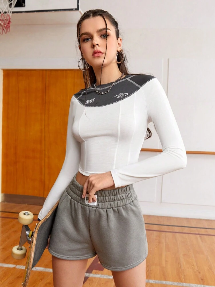 Women's Long Sleeve Round Neck Letter Colorblock Stitching Short Sports T-Shirt