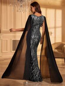 V-Neck Sequin Flared Sleeve Formal Dress With Flowing Hem - Black - View 2