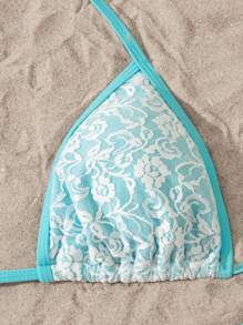 Swim Mod Summer Floral Lace Bikini Swimwear Set - Blue - View 4