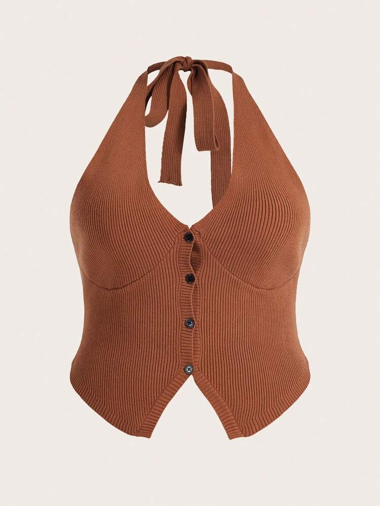 Plus Size Women's Halter Neck Asymmetrical Hem Knitted Top