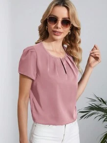 SHEIN Clasi 女款純色褶皺泡泡袖襯衫 - 粉色 - 查看 5