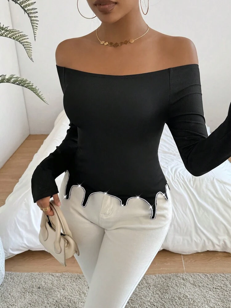 Women's Off-Shoulder Slim Fit Long Sleeve T-Shirt With Hot-Drilled Detail