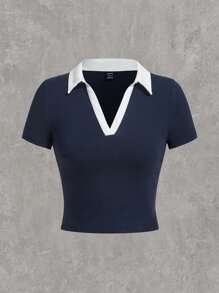 SHEIN EZwear Plus Size Color Block Crop T-Shirt With Contrast Collar, Summer
