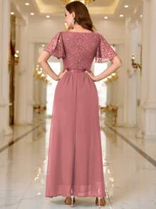 MIUSOL Contrast Sequin Lace Sweetheart Neck Flounce Sleeve Evening Party Long Dress Elegant Formal Prom Wedding Guest Gown, For Graduation, Dinner