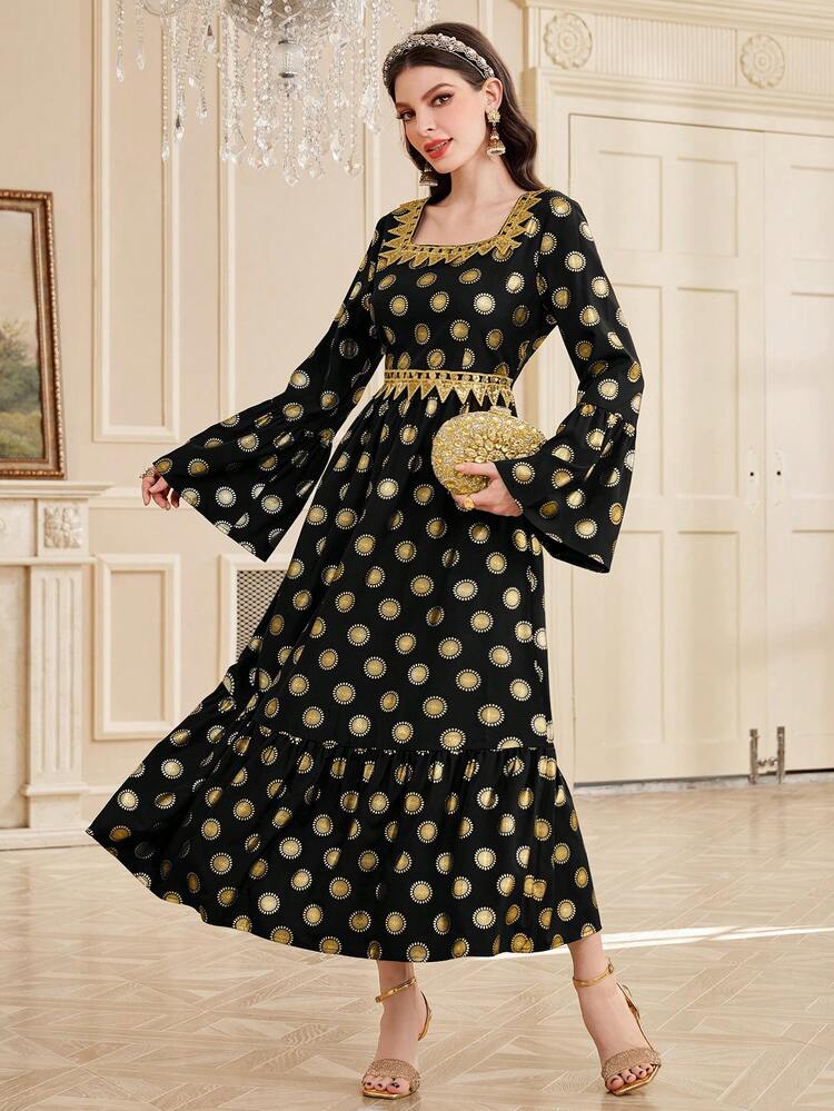 Women's Metallic Printing Patchwork Sparkly Embroidery Bell Sleeve Jalabiya Traditional Dress, Elegant Luxury Evening Party Style, For Gargee'an/Foundation Day/Festival Fall Cloth For Women