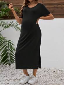 Maternity V-Neck Split Hem Short Sleeve Dress - Black - View 7