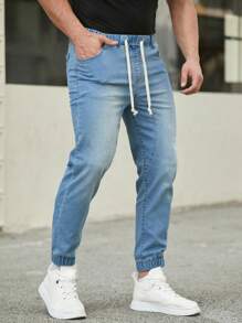 Manfinity Homme 男士彈性腰帶束口牛仔褲 - 藍色 - 查看 3