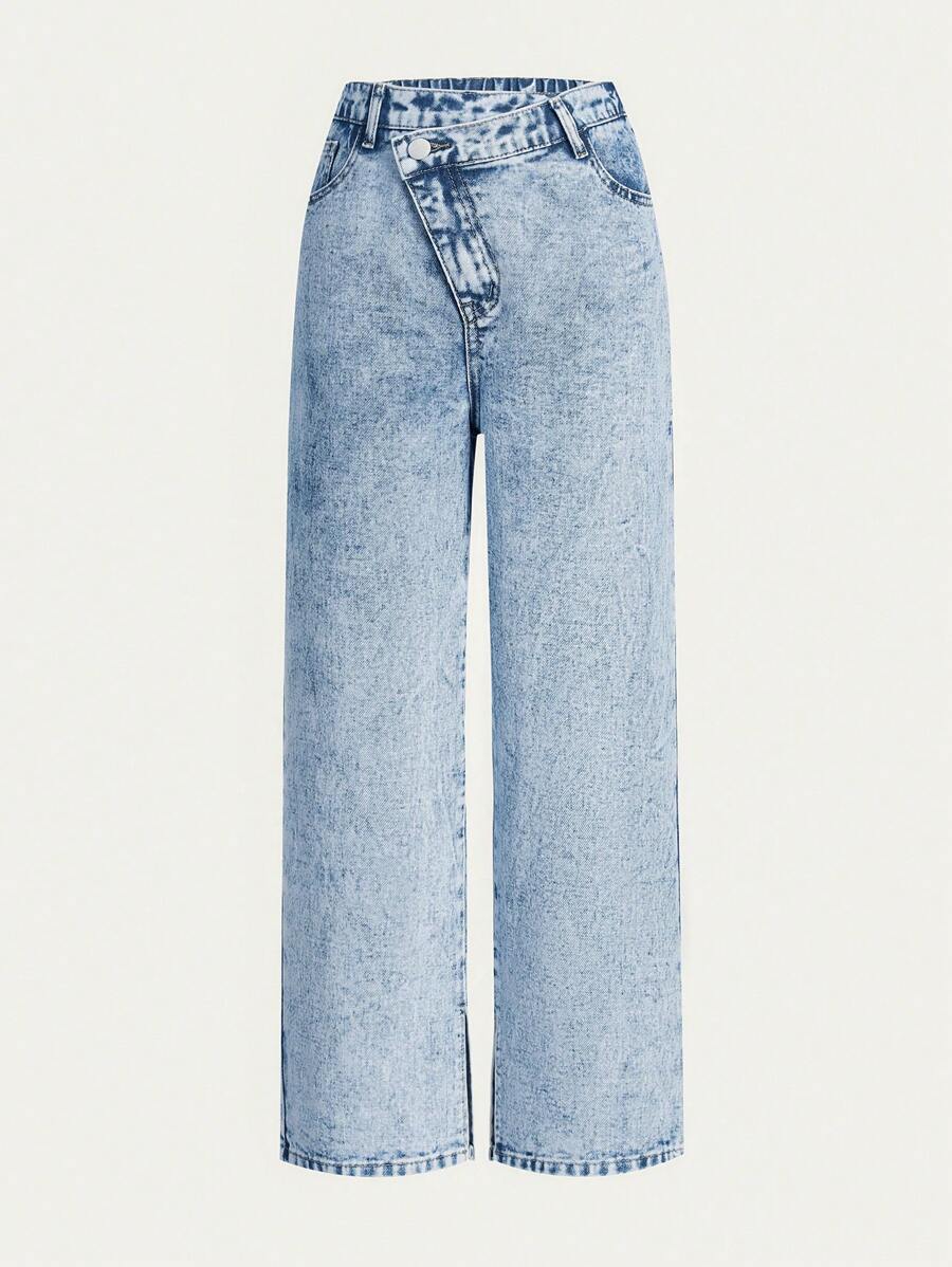 SHEIN Explorewe Jeans droits avec fente au ourlet asymétrique à la taille pour jeunes filles - Jean clair - Voir 1