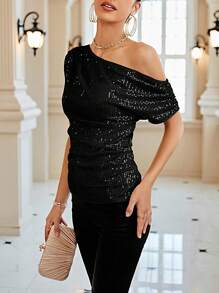 Women's Solid Color Sequin Ruched Asymmetric Neck Elegant Fashion Top