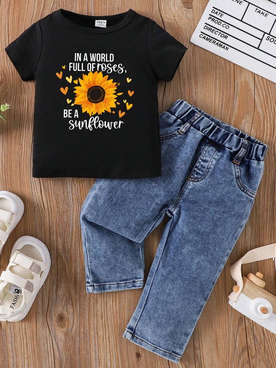 Đứa bé gái Hoa Hướng dương Lá thư In Ngắn tay Áo Và Quần denim Bộ - màu đen - Xem 1
