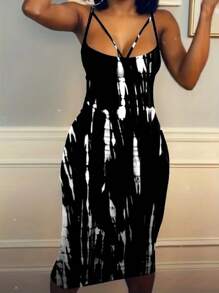 加大码黑白扎染吊带连衣裙，无袖细肩带及膝露背连衣裙，针织面料，中等弹力 - 黑與白 - 查看 1