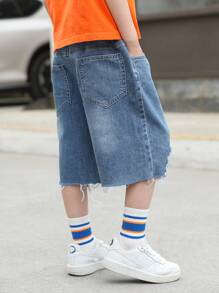 2024 Summer New Arrival Tween Boys' Denim Capri Pants, Distressed Design, Lightweight Style