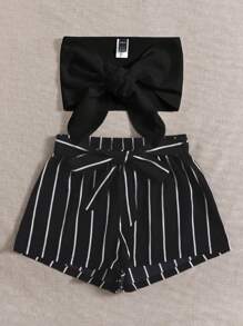 Soleia Women's Front Tie Strapless Top And Striped Woven Shorts Set