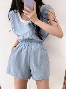 DAZY 简约半扣宽松剪裁连体裤式家居服，配有抽绳腰部睡衣 - 藍色 - 查看 3