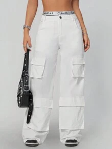 SHEIN EZwear 女士纯色多口袋宽腿宽松休闲工装裤 - 灰色 - 查看 3