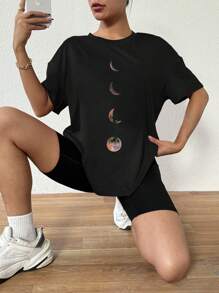 Zolique Loose Fit Oversized Basic Drop Shoulder T-Shirt Graphic Tees Women Tops - Black - View 5