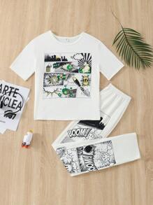 Teen Boy Comfortable 2pcs/Set Letter Print Short Sleeve T-Shirt And Pants Homewear - White - View 1