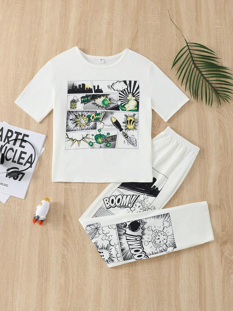 Teen Boy Comfortable 2pcs/Set Letter Print Short Sleeve T-Shirt And Pants Homewear