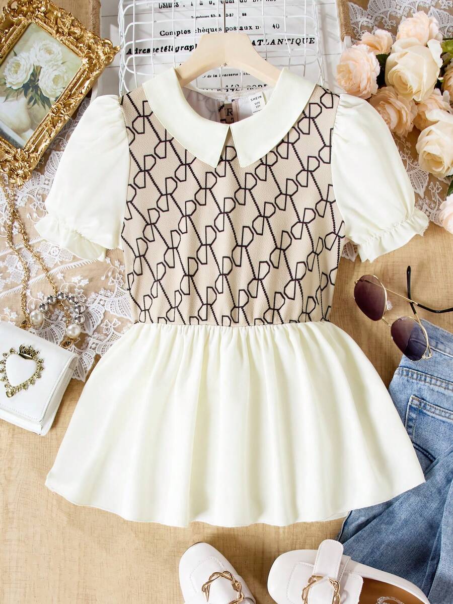 SHEIN Áo sơ mi tay bồng ngắn cho bé gái tuổi teen có cổ Peter Pan và họa tiết in hình học - Nhiều màu - Xem 1