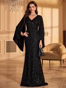 UNITHORSE Vestido de Senhora Preto com Lantejoulas e Mangas Flare, Vestido de Festa, Vestido de Convidada de Casamento, Vestido Formal, Vestido de Noite, Vestido de Noiva, - Preto - Ver 1