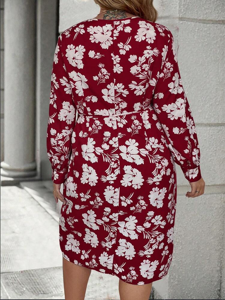 Plus Size Full Blooming Flower Print Wrap Dress With Knot And Side Tie Detail Fall Cloth For Women