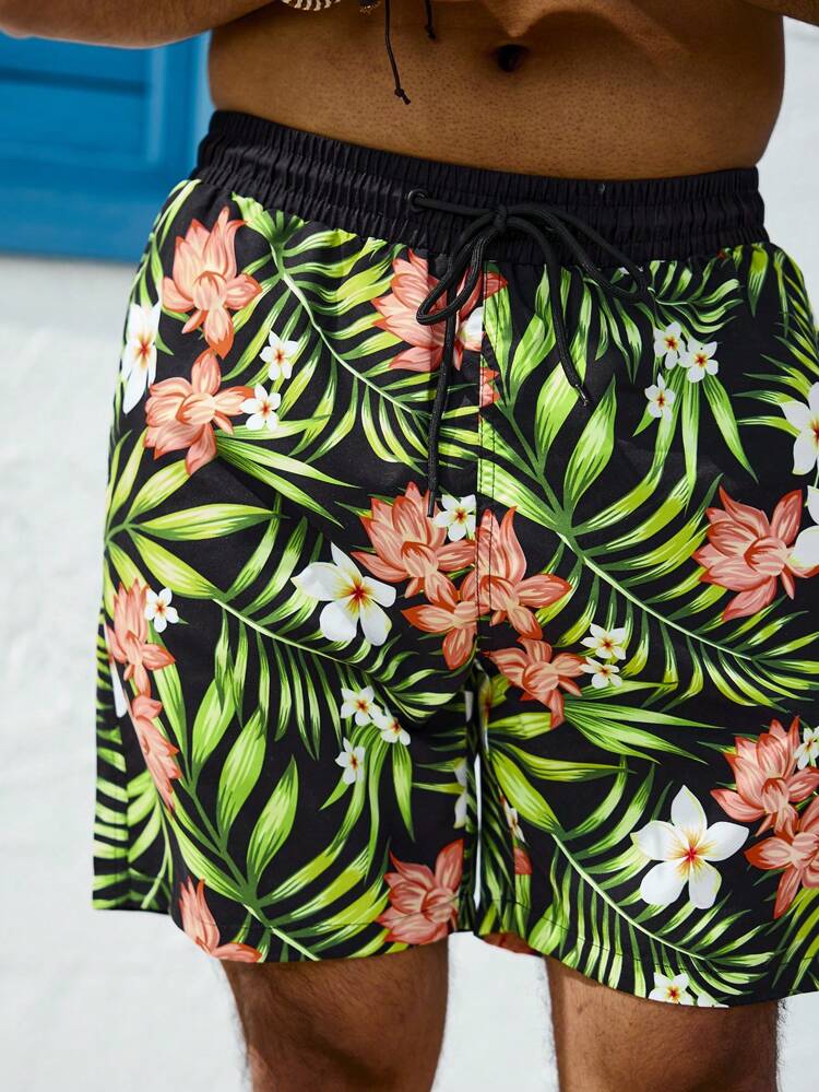 Men's Tropical Plant Print Beach Shorts