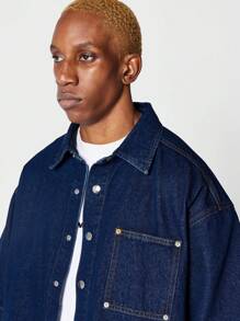 SUMWON Oversized Fit Short Sleeve Denim Shirt With Front Pocket - Blue - View 6