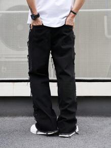 Manfinity ZONE917 Men's Straight Leg Jeans With Frayed Hem Plain Wide Jeans Long Baggy Plain Black Washed Cargo Jeans, For Husband, Boyfriend Gifts Going Out Hang Out Commute Work Street, Grunge