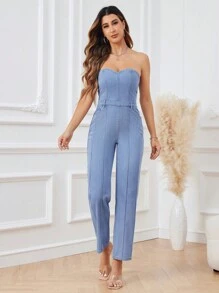 SHEIN Privé Damen Denim Trägerloser Jumpsuite Mit Geraden Beinen