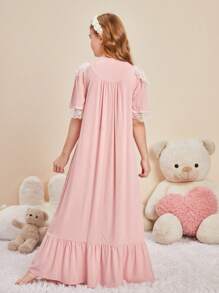 SHEIN Vestido Casual Suelto Para Niña En Edad De Transición Con Estilo De Palace, Encaje Con Parches Y Volantes Para Vestir En Casa - Rosa Pálido - Ver 6