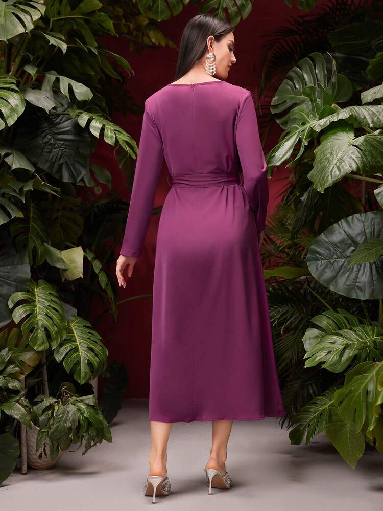 Women'S V-Neck Long Sleeve Pleated Patchwork Dress