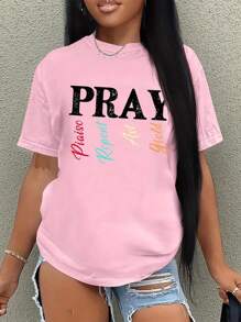 SHEIN EZwear Letter Printed Short Sleeve T-Shirt - Pink - View 1