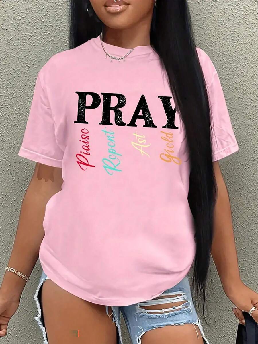 SHEIN EZwear Letter Printed Short Sleeve T-Shirt - Pink - View 1