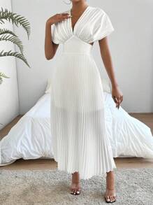 Firerie Deep V-Neck Hollow Out Back Ribbon Pleated Waist Dress - White - View 5