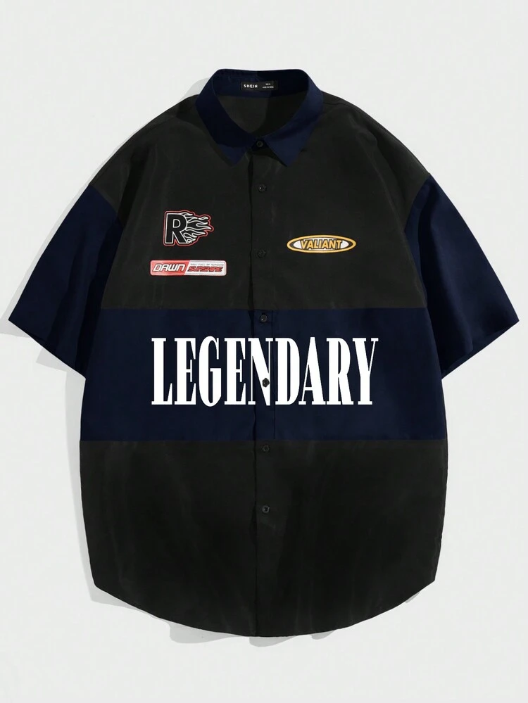 Oversized Men's Color Block Letter Printed Shirt