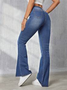 SHEIN Tall 女士貓鬚喇叭牛仔褲 - 深色水洗藍 - 查看 2
