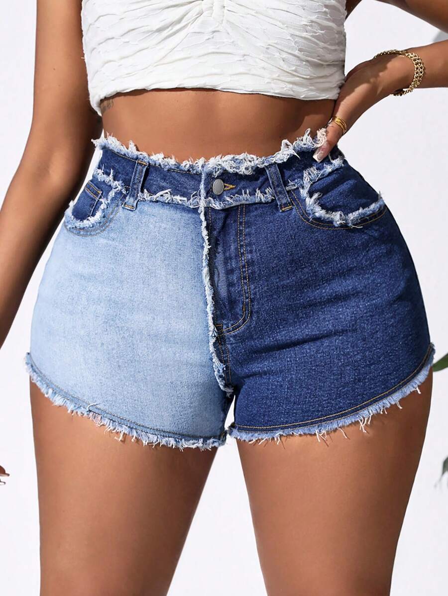 SHEIN SXY 短款彈性大尺寸女款拼布設計牛仔短褲 - 彩色 - 查看 1