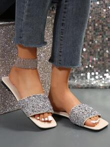 Sandalias De Moda Decoradas Con Piedras De Cristal Para Mujeres, Perfectas Para Los Atuendos De Verano, Diseño Antideslizante Y Con Punta Abierta - Plateado - Ver 2