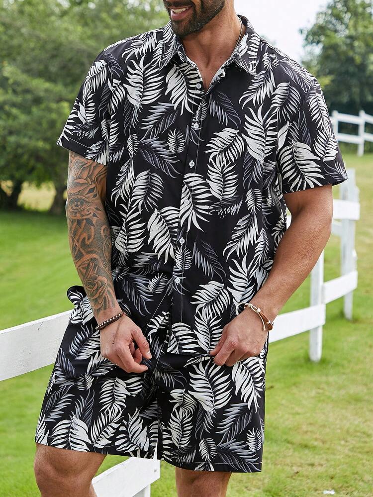 Men'S Plus Size Plant Printed Short Sleeve Shirt And Shorts 2pcs/Set