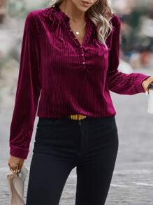 SHEIN Clasi 帶條紋紋理的鈕扣開衫絨面襯衫,開叉領和荷葉邊設計 - 中紫紅色 - 查看 3