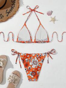 SHEIN Swim Bộ bikini dây in hoa cho nữ, Bộ đồ tắm đi biển mùa hè - Nhiều màu - Xem 2