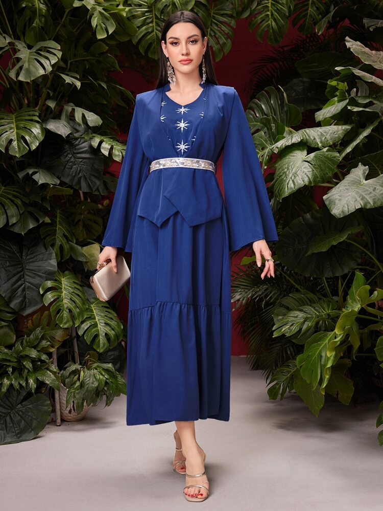 Women's Notched Collar Embroidery Detail Long Sleeve Dress Fall Cloth For Women