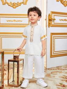 SHEIN Camisa casual de cuello alto con parches tejidos para niños, conjunto de atuendo para hermanos - Blanco - Ver 5