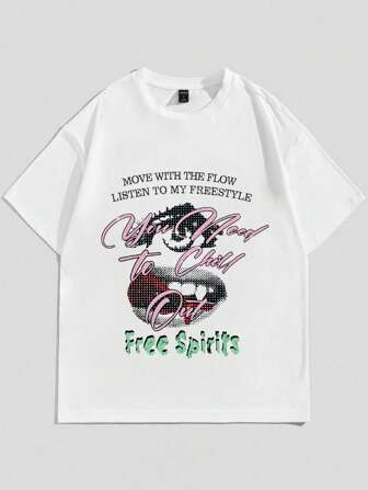 Street Life Camiseta De Manga Corta Con Estampado De Eslogan De Labios Para Hombre, Adecuada Para Uso Diario En Primavera Y Verano