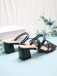 New Square Toe Thick Heel Sandals, Versatile High-End French Style Crystal Embellished High Heels For Commuting, Business And Daily Wear - Black - View 5