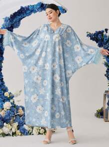 Al Najma Women's Fringed Sleeve Cuff Batwing Sleeve Dress With All-Over Floral Print