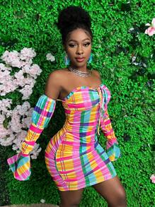 Slaydiva Đầm ôm sát trễ vai kẻ sọc kiểu nghỉ dưỡng - Nhiều màu - Xem 5