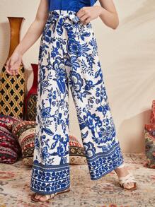 SHEIN Leap Crew Tween Girls' Loose Cute Belt Decor Elastic Waist Vacation Style Printed Wide Leg Pants - Blue and White - View 3