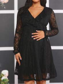 SHEIN Maternity V-Neck Lace Dress With Ruffle Trim - Black - View 1
